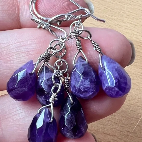 VINTAGE STERLING SILVER PURPLE AMETHYST DANGLE DROP EARRINGS 925 STERLING SILVER